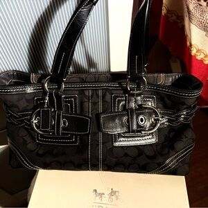 Coach Black Designer Tote Bag in Signature Logo black canvas & leather.